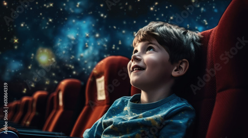 Photo of a boy watching an exciting movie in a dark cinema. AI generation. 