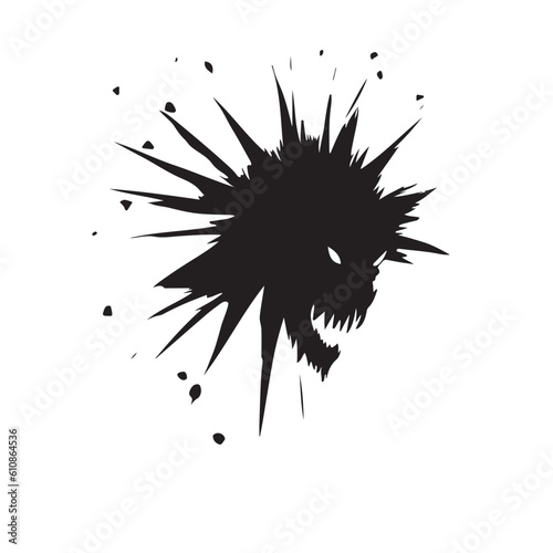 Abstract dragon head with open mouth closeup and some stones artefacts around it. Good for tattoo. Editable vector monochrome image with high details isolated on white