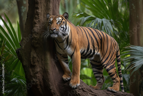 a Sumatran tiger on a tree branch
