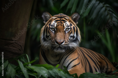 a Sumatran tiger under a tree