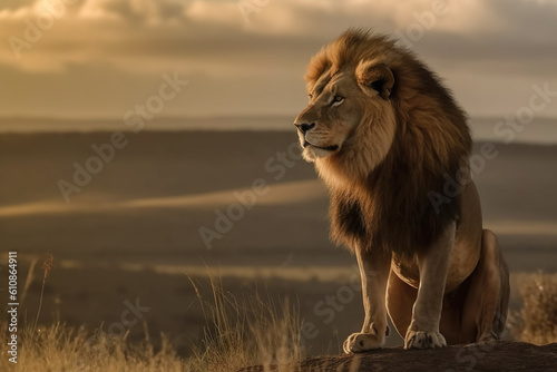 King of Lion roaring looking regal standing on small hill , Created with generative AI