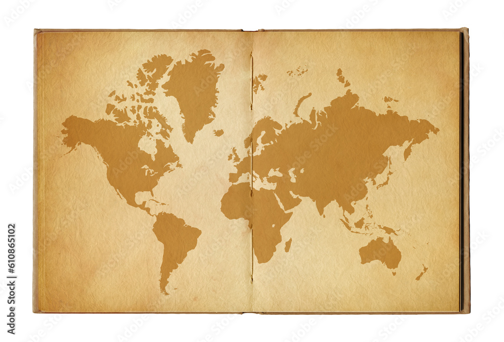 Vintage world map on an old open book