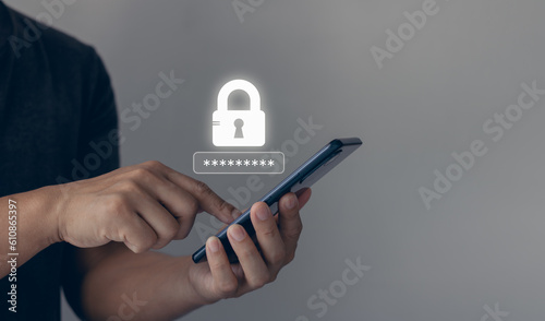 Business Technology security Concept. Business people using the smart mobile phone to access on smartphone for validate password for biometric two steps authentication to unlock security in cyberspace