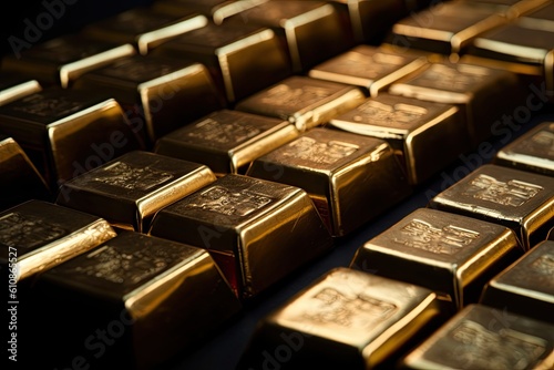 Macro View Of Rows Of Gold Bars On Black Background