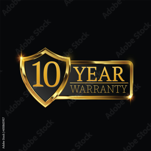 10 year warranty logo with golden shield and golden ribbon.Vector illustration.