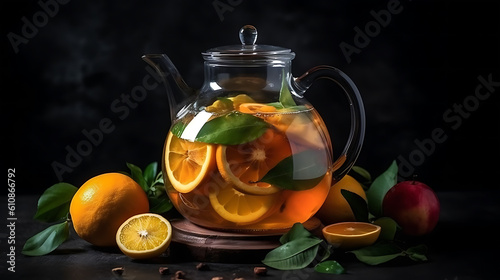  Glass teapot and herbal infusion from orange and mint slices