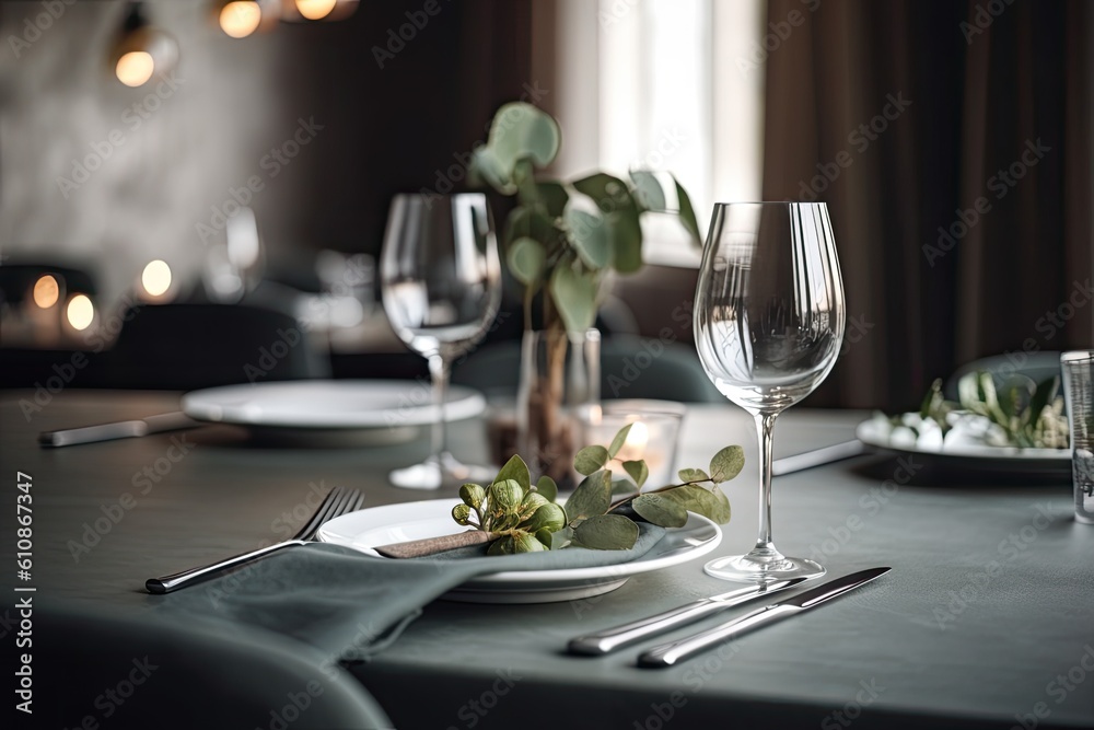 Elegant table setting with cutlery and wine glasses in restaurant, Beautiful and decorated restaurant table with plate, AI Generated Elegant table setting with cutlery and wine glasses in restaurant, Beautiful and decorated restaurant table with plate, AI Generated