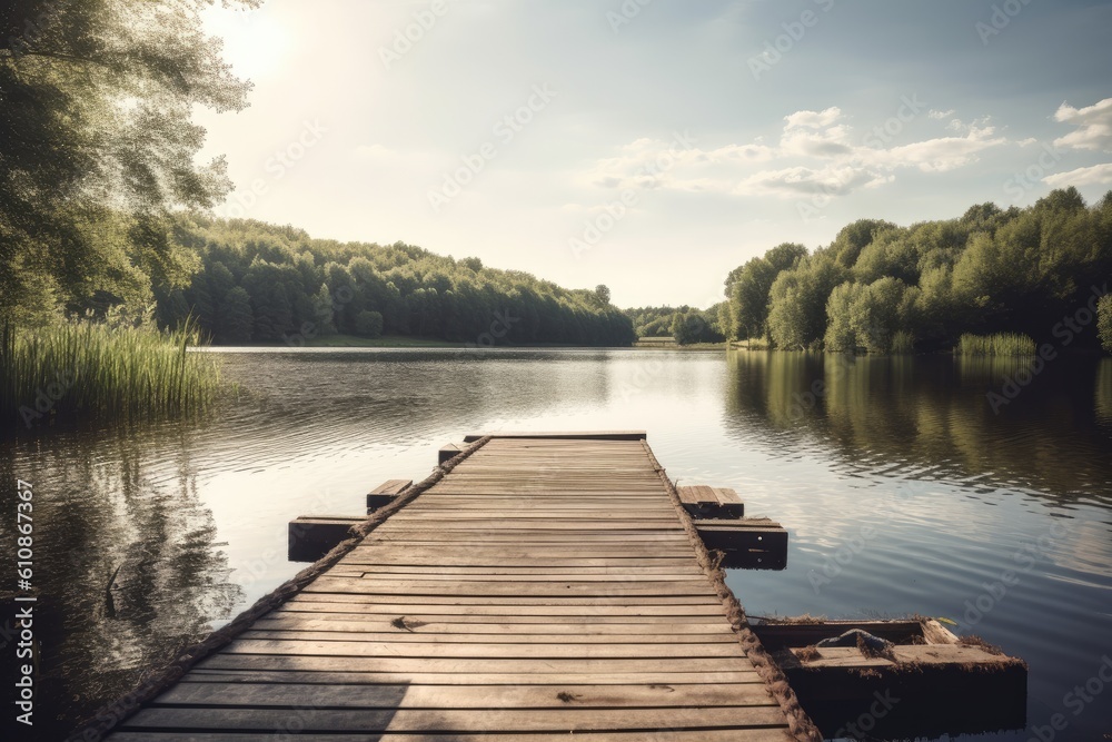 Wooden pier on the lake in the forest. Summer landscape. Beautiful lake view on a shiny summer day, AI Generated