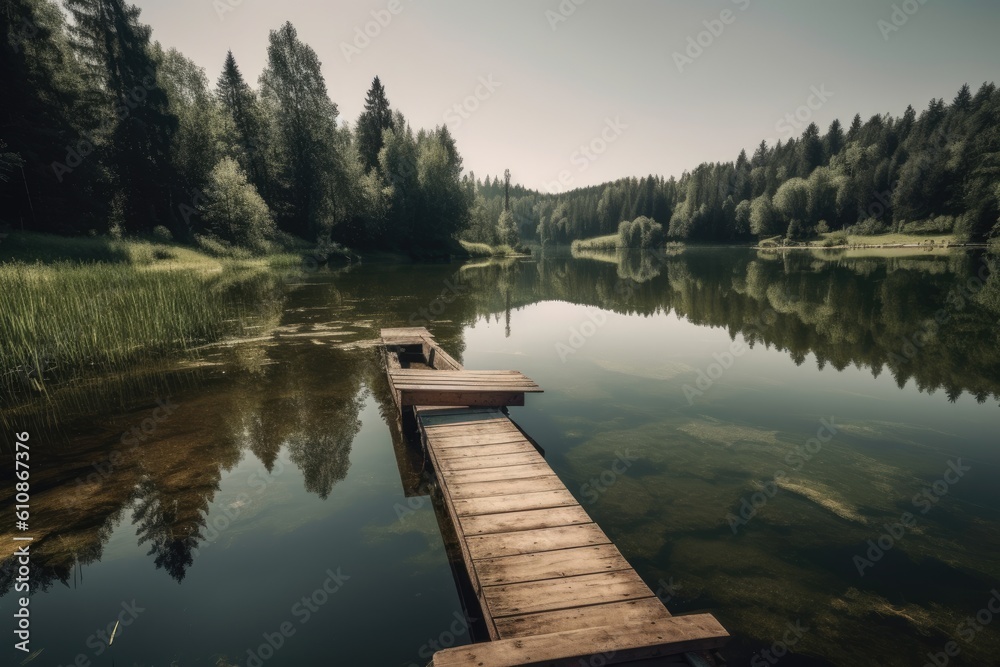 Wooden pier on a lake in the middle of the forest. Beautiful lake view on a shiny summer day, AI Generated