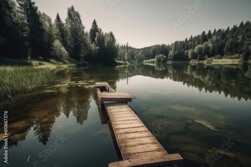 Wooden pier on a lake in the middle of the forest. Beautiful lake view on a shiny summer day, AI Generated