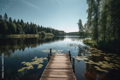 Wooden pier on a lake in the forest. Beautiful summer landscape. Beautiful lake view on a shiny summer day  AI Generated