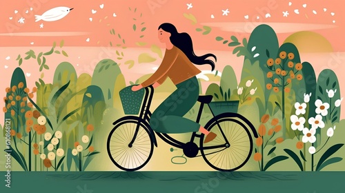 Eco-conscious lifestyle, featuring a woman riding a bike surrounded by floral elements.Eco-friendliness, active living, and the harmonious connection between humans and nature. Generative AI