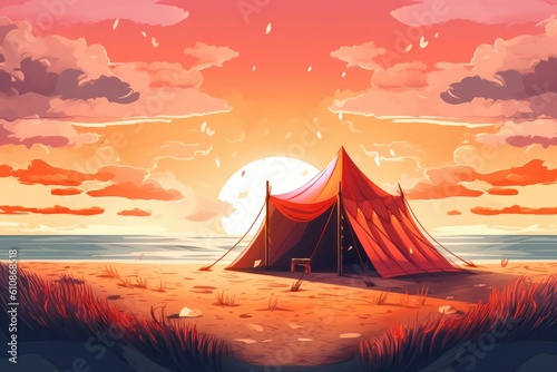 Illustration of bright tent placed on sandy beach near waving sea and plant against cloudy sundown sky representing concept of summer time. Generative AI