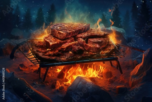Illustration of sliced beef roasting with burning camp fire with sparks at night during camping. Generative AI