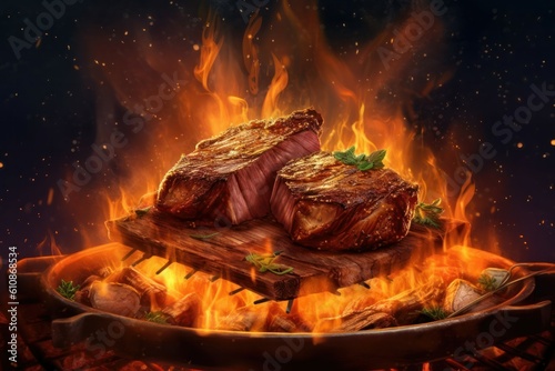 Illustration of sliced beef roasting with burning camp fire with sparks at night during camping. Generative AI