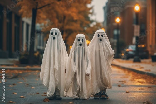 Kids in ghost costumes celebrating halloween at street. Generative AI