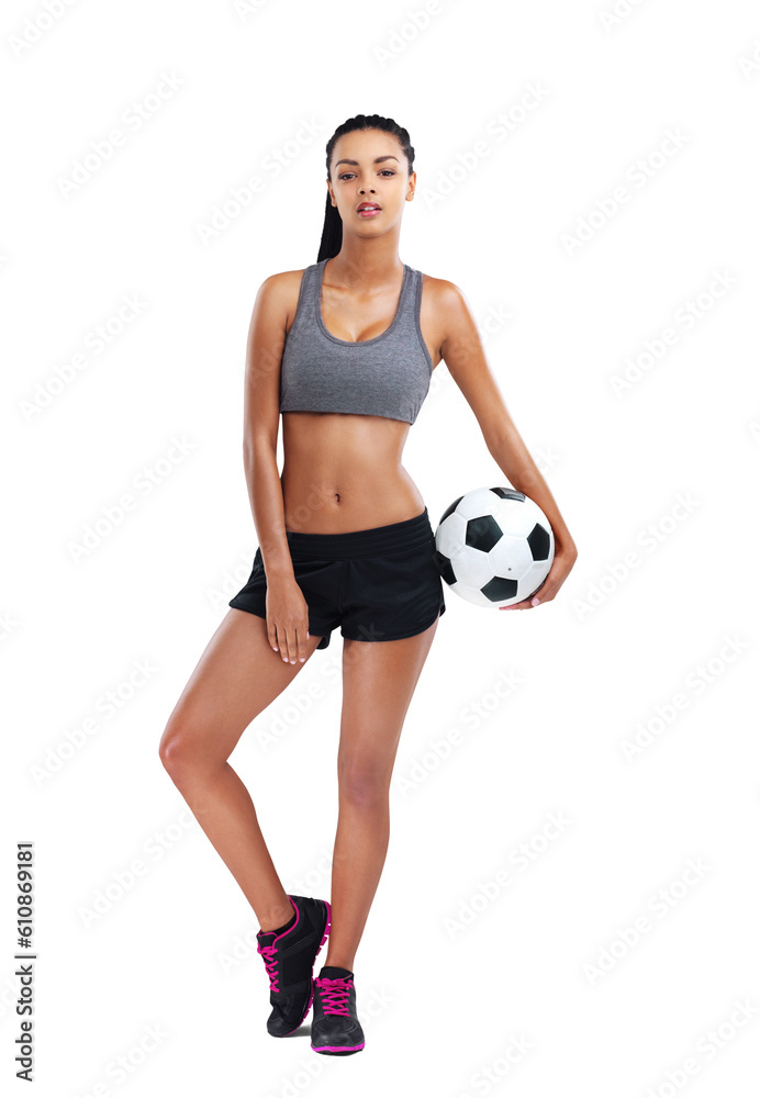 Soccer player, ball and woman portrait with fitness, exercise or transparent, isolated or png background. Sport, training and face of lady with football, strong or body ready for workout or challenge Soccer player, ball and woman portrait with fitness, exercise or transparent, isolated or png background. Sport, training and face of lady with football, strong or body ready for workout or challenge