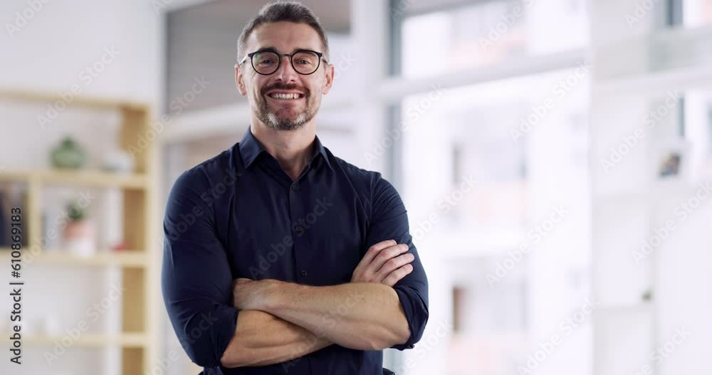 Face, happy man and arms crossed in office, professional business and confidence in startup company. Portrait, smile and mature male employee working with experience, happiness and pride in New York