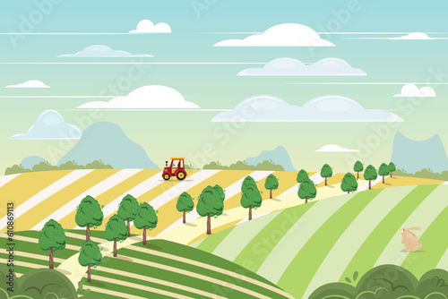 Illustration with green farm landscape in summer with tractor and rabbit. For posters, prints, backgrounds, cards.