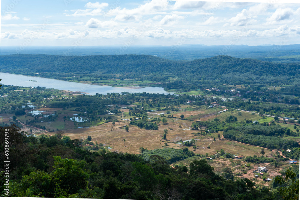 View on the Mekong and on the forests surrounding separating Laos and Thailand, around Vientiane, Laos