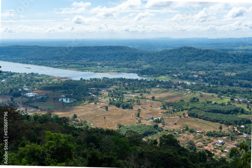 View on the Mekong and on the forests surrounding separating Laos and Thailand, around Vientiane, Laos