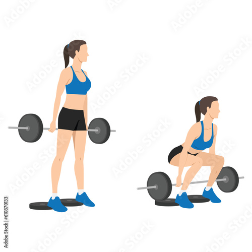Woman doing barbell hack squat with stepping on the weight plate. Flat vector illustration isolated on white background