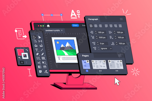 Desktop Publishing and Page Layout Design Software Application. The display shows Program for creating Printed products. 3D Isometric Vector illustration. Software for typography