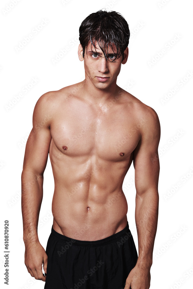 Man, portrait and topless with muscular body standing in pose isolated on a transparent PNG background. Confident, handsome and attractive fit male person or young model posing shirtless with muscle Man, portrait and topless with muscular body standing in pose isolated on a transparent PNG background. Confident, handsome and attractive fit male person or young model posing shirtless with muscle