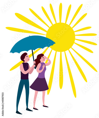 People under umbrella in summer heat. Overheated hot sun. High temperature, global warming design. Vector flat cartoon illustration