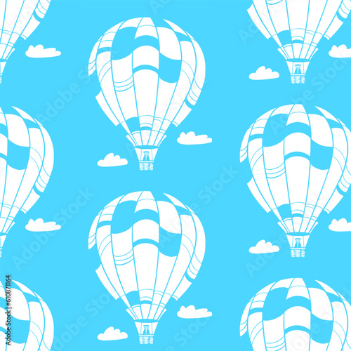 Fototapeta Naklejka Na Ścianę i Meble -  Vector seamless pattern with hot air balloon white flat silhouette on blue background