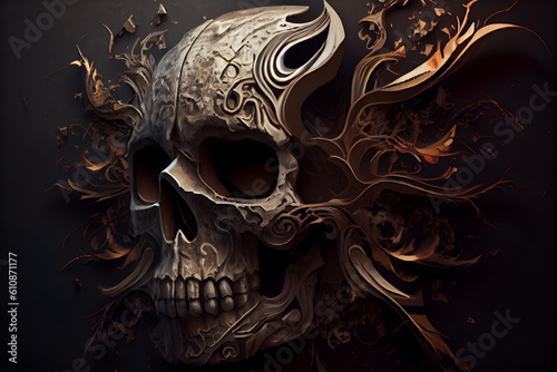 Skull wallpapers with a skull and a tree branch, generative ai