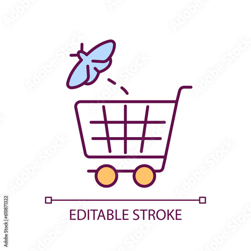 Financial hardship RGB color icon. Economic crisis. Rising prices. Empty shopping cart. Food waste. Inflation rate. Isolated vector illustration. Simple filled line drawing. Editable stroke