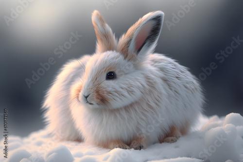 A rabbit in snow with the sun shining on its face, Generative Ai © Ozis