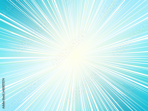 強烈に空に輝く太陽光線イメージの集中線背景素材_ライトブルー