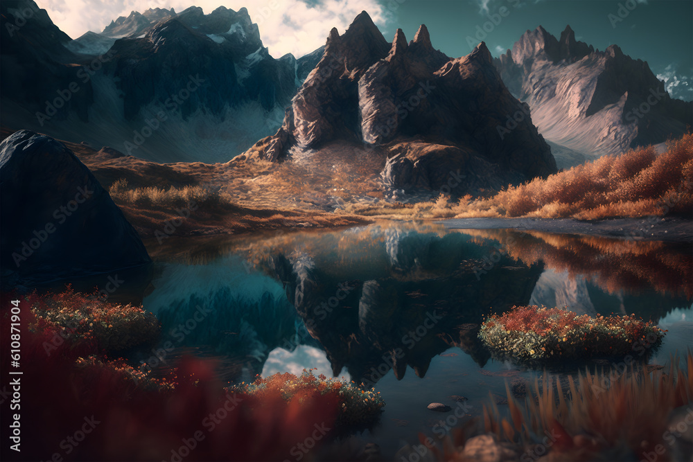 A digital painting of a mountain lake with mountains in the background, Generative Ai