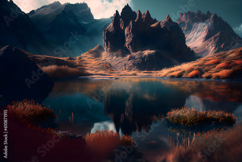 A landscape with mountains and a lake, Generative Ai