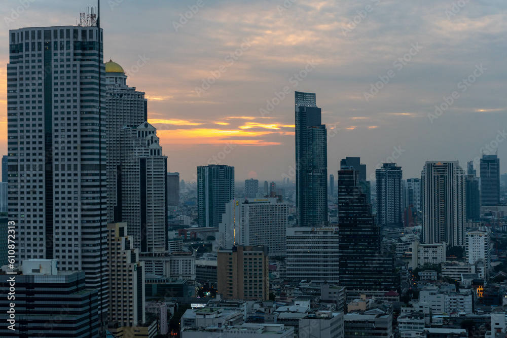 Bangkok skyline at sunset time from a building (Scarlett Wine bar & restaurant), Thailand