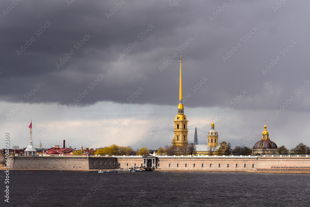peter and paul fortress in Saint petersburg, Russia. View of Zayachy island and Neva river. Cloudy sky on background