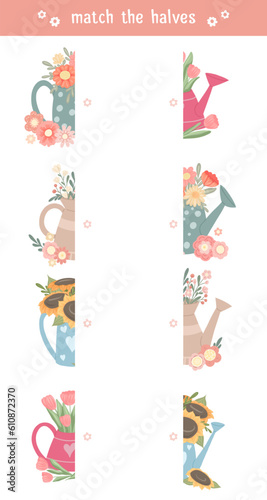 Find right half for various watering cans with bouquets of flowers. Vector worksheet template for preschool lessons. Match the halves.