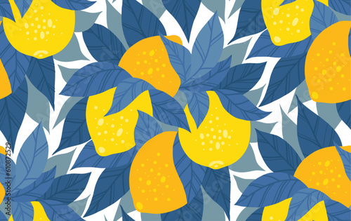 Vector contrast seamless pattern with bunch of lemons and blue foliage on white background. Texture with hand drawn flat citrus fruits and leaves.