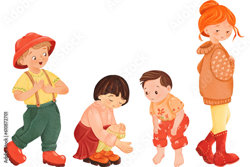 Set of pictures with children: confused cute red-haired and dark-haired girls, dark-haired little and surprised boy in a red panama hat boys. Isolated watercolor illustration - textbook, exercise book