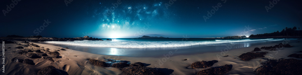 Captivating moonlit beach scene, shimmering waves gently lapping shore with mesmerizing phosphorescent plankton glow. Emotionally engaging visual delight in . Generative AI