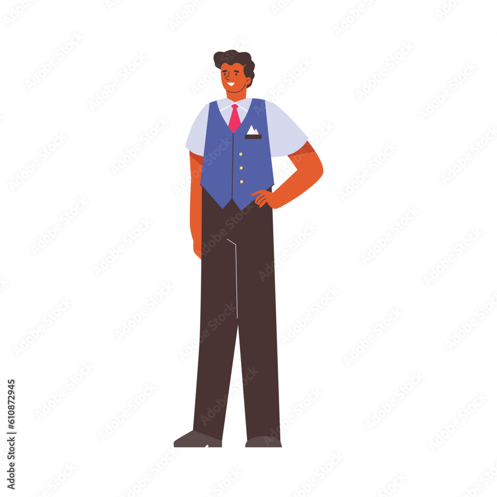 Male flight attendant in uniform, flat vector illustration isolated on white background. Male flight attendant in uniform, flat vector illustration isolated on white background.