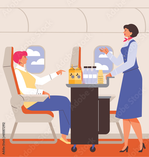 Flight attendant pushing trolley with beverages and snacks, flat vector illustration.