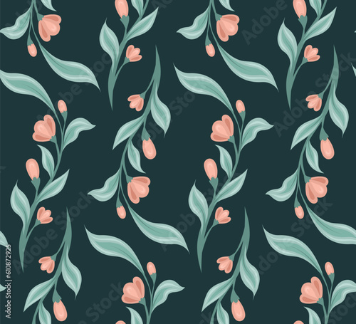 Rustic floral vector pattern. Seamless flat texture with hand-drawn stems and flowers on a dark background
