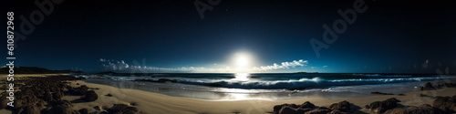 Captivating moonlit beach scene, shimmering waves gently caress the shore, enhanced by mesmerizing glow of phosphorescent plankton. Emotional connection guaranteed. Generative AI