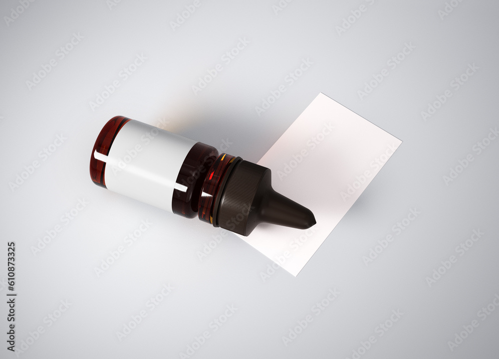 Amber glass dropper bottle mockup on gray background, 3d rendering Amber glass dropper bottle mockup on gray background, 3d rendering