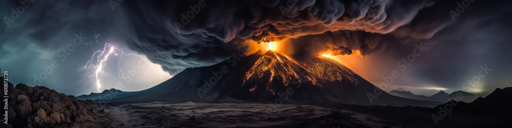 Stunning visual of simultaneous lightning and volcanic eruption, brilliantly lighting up the ash-filled dark sky above the active volcano. Invoke powerful emotions. Generative AI