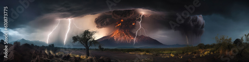 Stunning simultaneous lightning and volcanic eruption, lighting up the dark, ash-filled sky above an erupting volcano. Captivating rarity that evokes emotion (). Generative AI