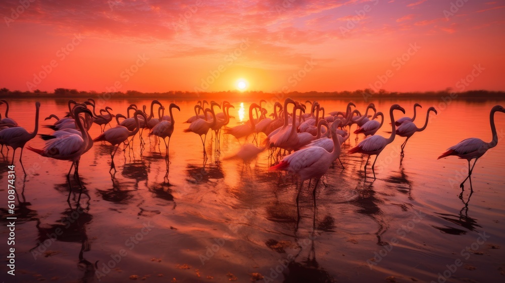 photography sunset near the river and group of flamingos walking in water ai image generative